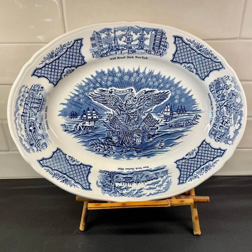 Fair Winds Alfred Meakin Staffordshire Blue White Historical Nautical Platter